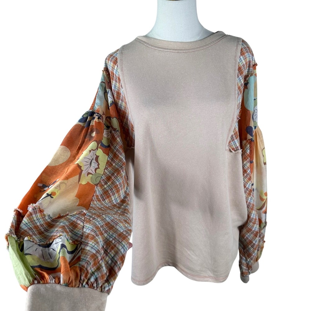 Easel Mixed Media Top Womens L Tan Patchwork Floral‎ Plaid Balloon Sleeve Blouse